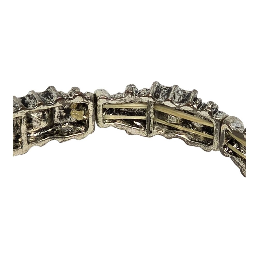 Vintage Silver Tone Stretch Bracelet Clear Rhinestone Crystal Square Ornate - Picture 6 of 10